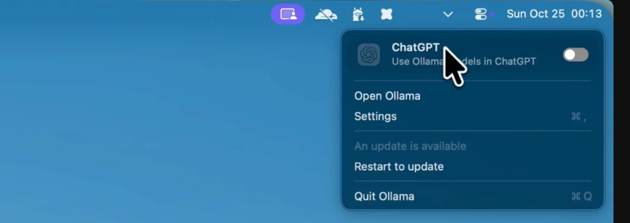 The original Ollama menu open after activation from OverflowBar