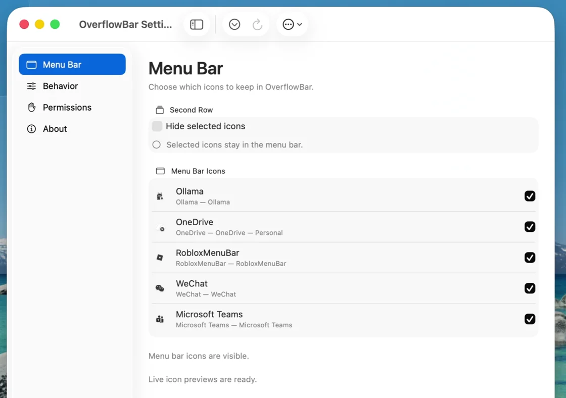 OverflowBar Menu Bar settings with individually selected application icons